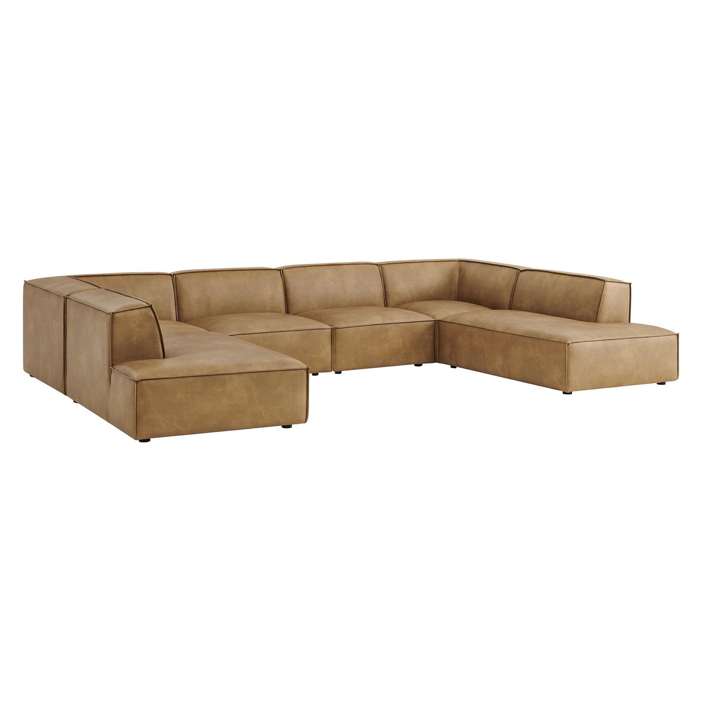 Modway Restore Faux Leather 6-Piece Modular U-Shaped Armless Sectional Sofa in Toast – Vegan Leather Couch with Left-Facing Chaise, Right-Facing Armless Chaise, and Two Armless Chairs