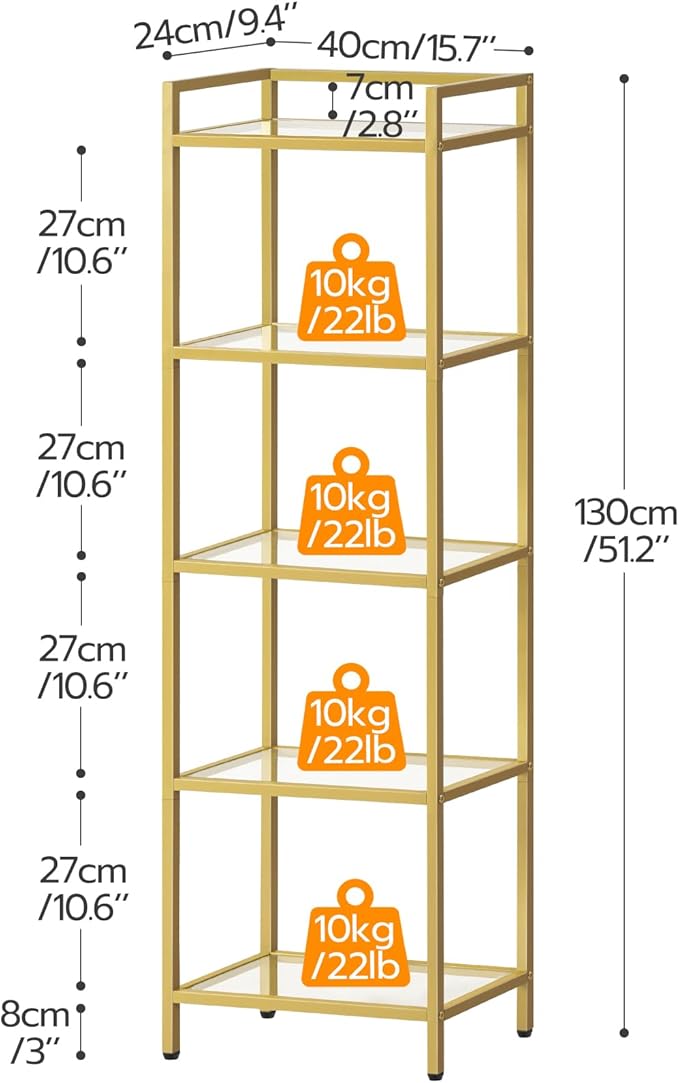 HOOBRO 5-Tier Gold Shelf, Narrow Book Shelf, Display Cabinet