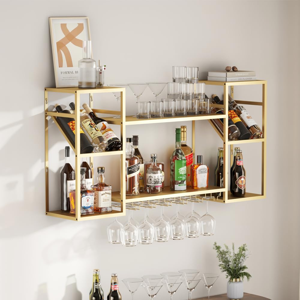KaKaBB Metal Floating Bar Liquor Shelves 2 Tier, Wall Mounted Wine Rack with Glass Holder Storage, Wall Bar Shelf Wine Display Storage Holder for Kitchen Dining Room(Gold)
