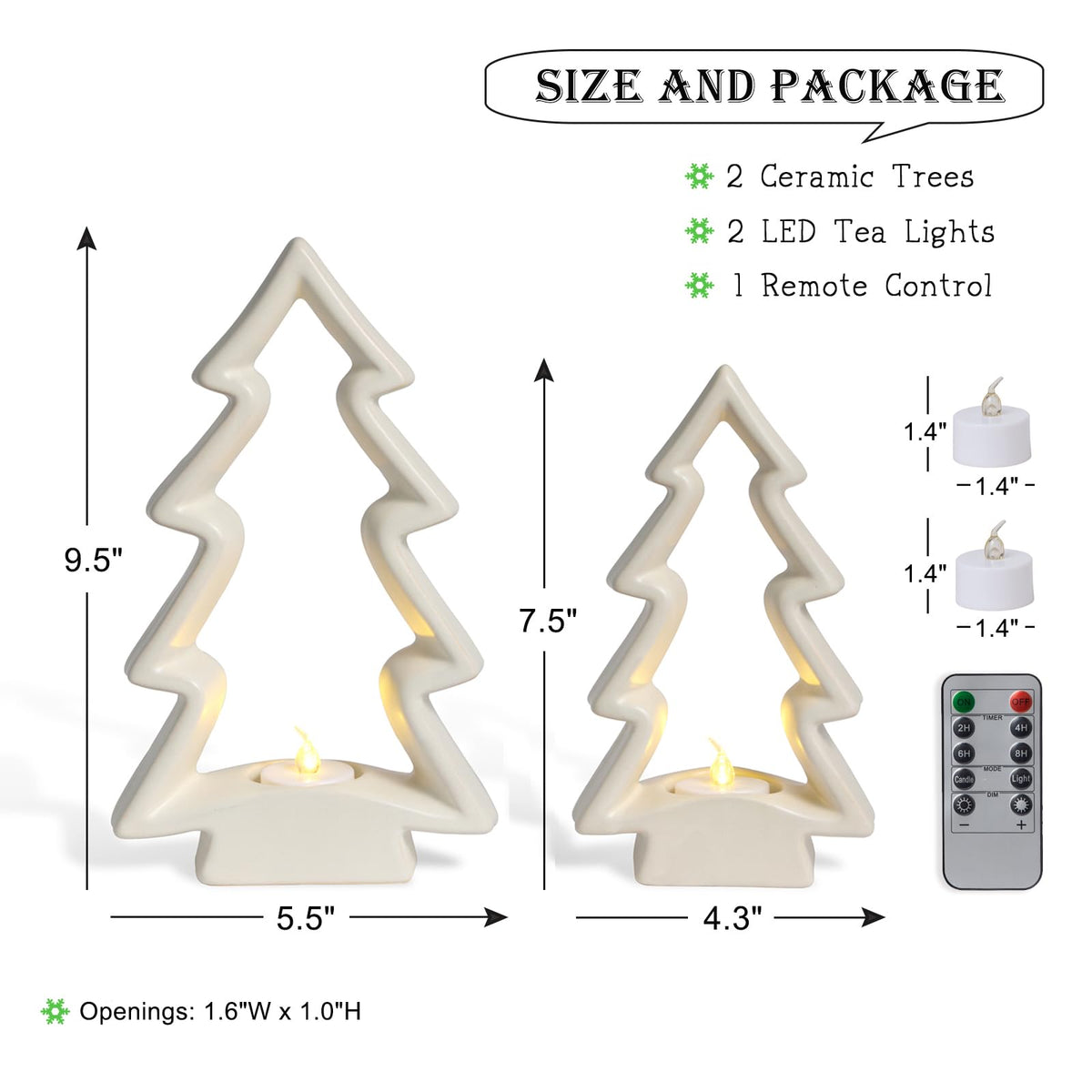 Mokof 2 Pcs White Ceramic Christmas Tree with LED Tea Lights & Remote Control, Farmhouse Tabletop Christmas Decorations Indoor for Mantle, Fireplace, Shelf Winter Holiday Home Decor (9.5" H & 7.5" H)