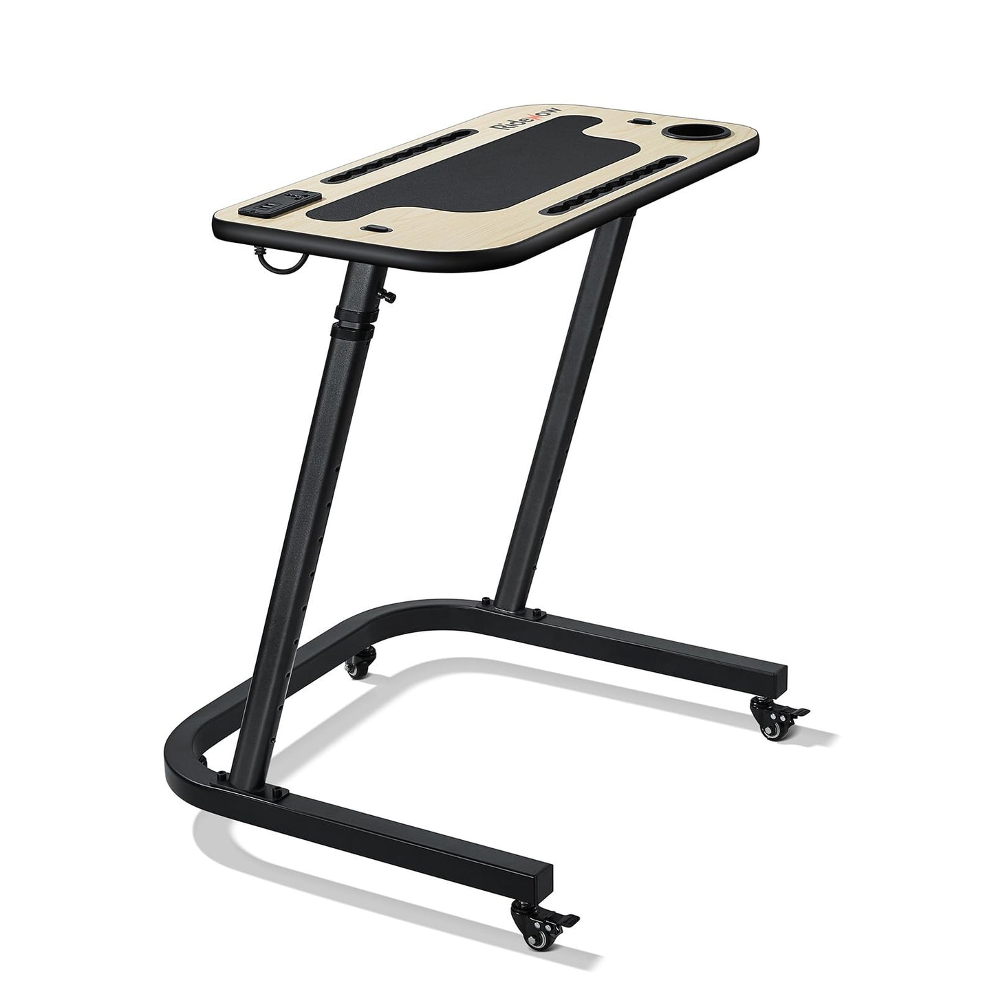 RideNow Roller Trainer Table, Adjustable Bike and Treadmill Table with Lockable Wheels, Non-Slip Work Surface with Power Outlets, Tablet or Phone Slot, Drink Holder