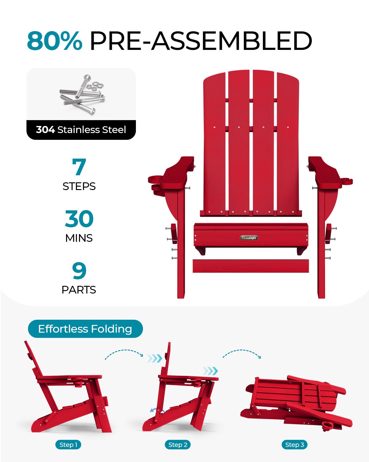 SUUNYN Folding Adirondack Chair, HDPE Adirondack Chairs with 2 Cup Holder, Plastic All-Weather Fire Pit Chairs, Outdoor Lawn Chair for Patio Garden (Red)