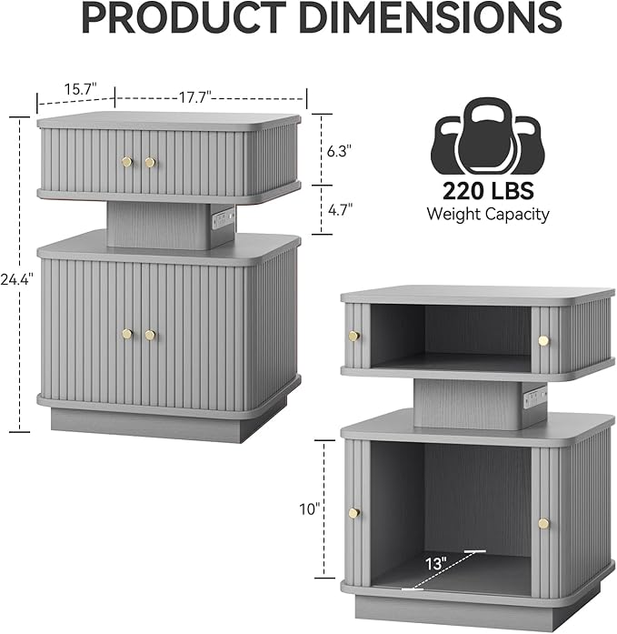 Nightstand with Charging Station, Modern Night Stand with Smart Led Light and 2