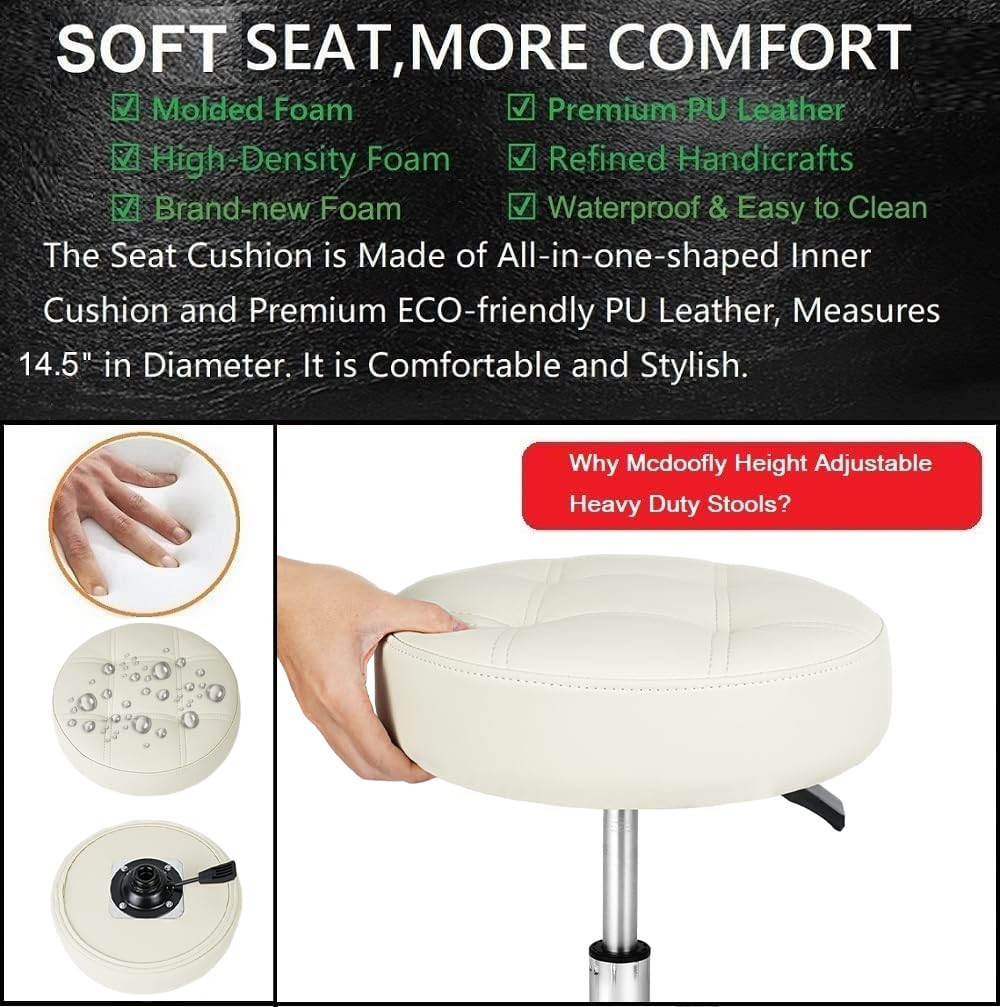 McDooFly Adjustable Heavy Duty Stool - Rolling Stools with Locking Caster Wheels - Swivel Stools Backless Chair for Home Kitchen Office Shop Tattoo Lash Tech Pedicure(Off White, Height 22 to 30 in)