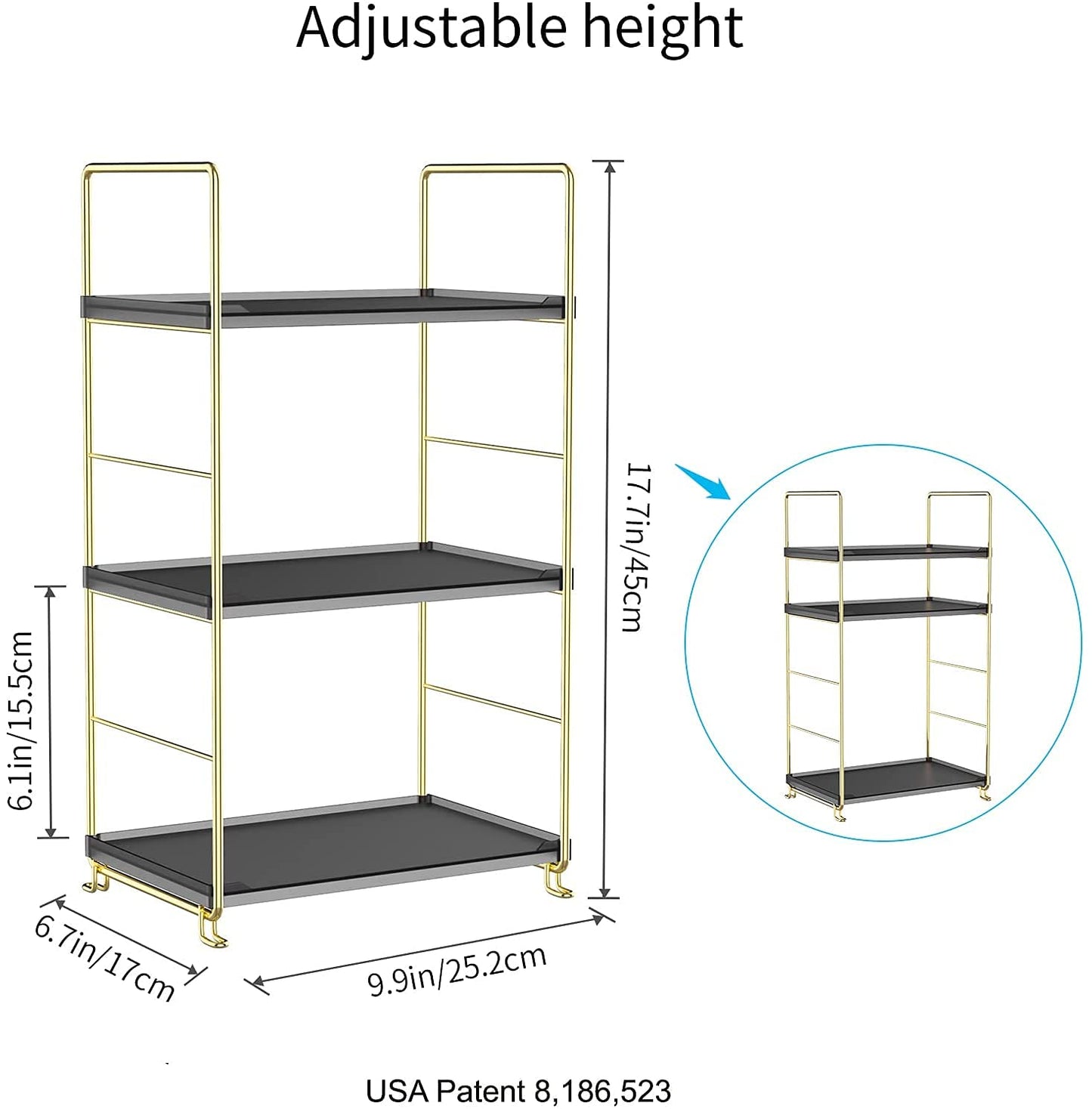Freestanding Organizer Shelf, 3-Tier Bathroom Countertop Organizer, Makeup Organizer -Corner Storage Shelf, Kitchen Spice Rack,Standing Shelf for Bathroom, Bedroom, Kitchen (Black)