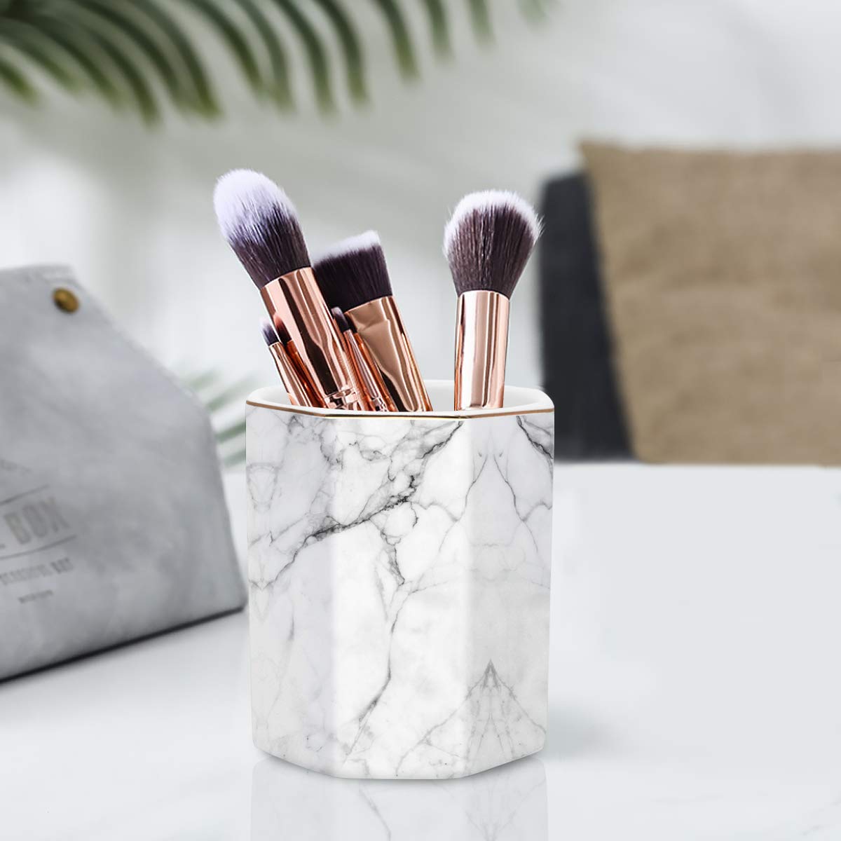 WAVEYU Pen Holder, Stand for Desk Pencil Cup for Girls Kids Durable Ceramic Desk Organizer Makeup Brush Holder for Office, Classroom, Home, White Marble
