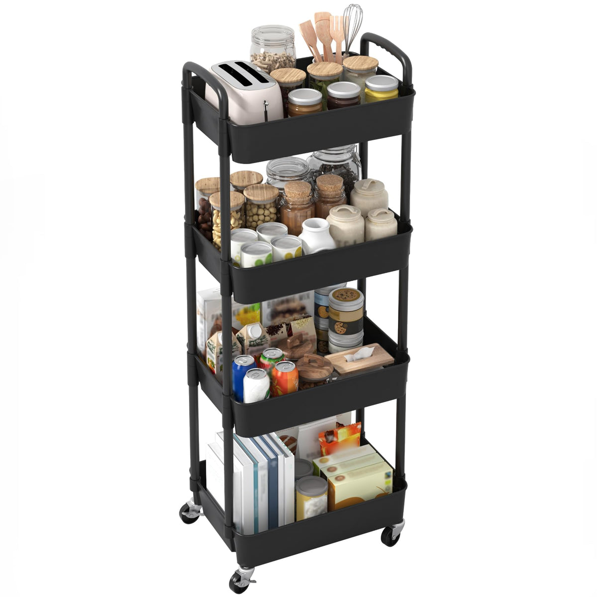 Sywhitta 4-Tier Plastic Rolling Utility Cart with Handle, Multi-Functional Storage Trolley for Office, Living Room, Kitchen, Movable Storage Organizer with Wheels, Black