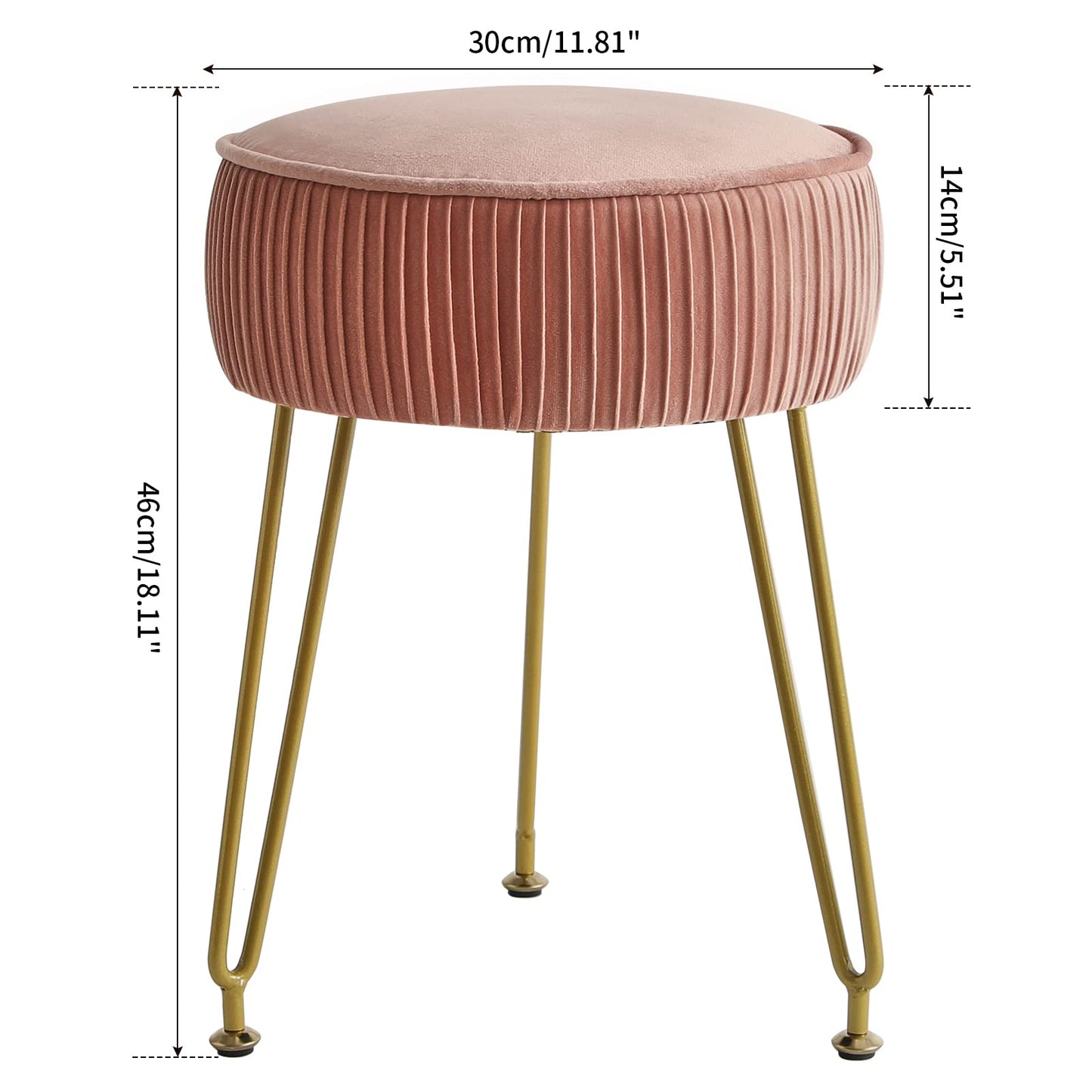 IBUYKE Velvet Vanity Stool Ottoman, Round Footrest Chair, Makeup Dressing Table Seat, Pouf Couch Stool, for Living Room, Golden Steel Legs, Pink LG-30P