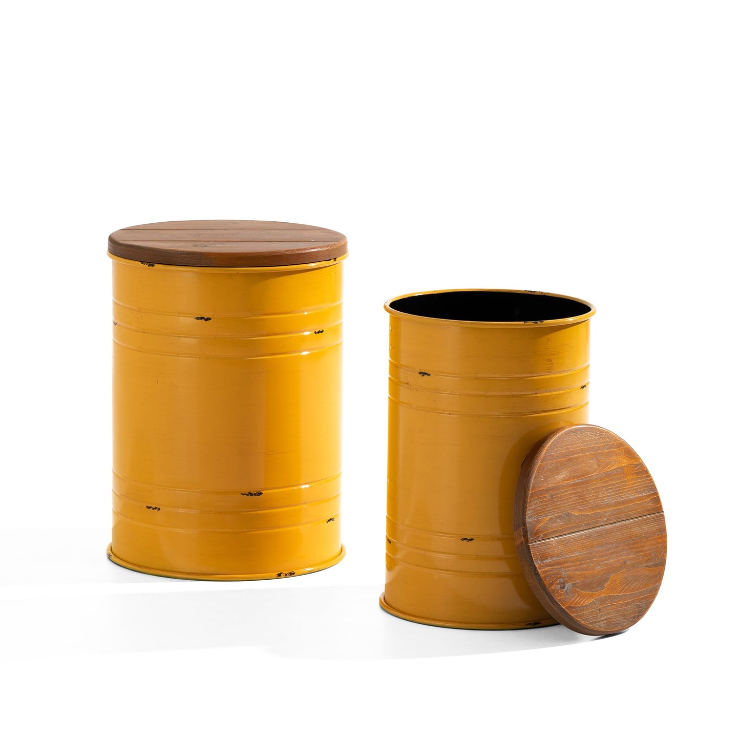 Glitzhome Rustic End Table Set of 2, Farmhouse Galvanized Metal Barrel Ottoman Storage Stool with Round Wood Lid for Living Room Furniture, Yellow