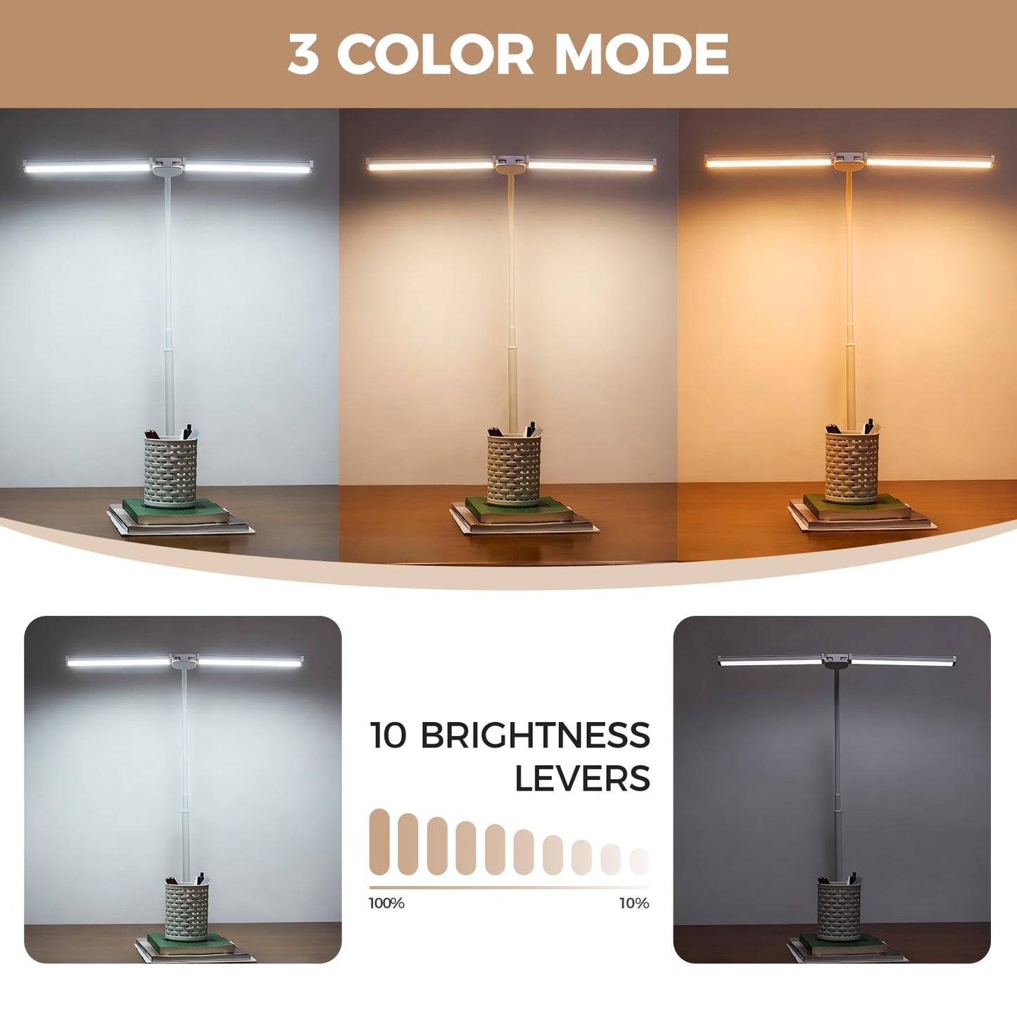 Voncerus LED Desk Lamp for Home Office, Double Head Architect Light with Clamp, Computer Monitor Clip on Light, 3 Modes and 10 Brightness, Adjustable Flexible Goose-Neck, Table Task Lamp, White