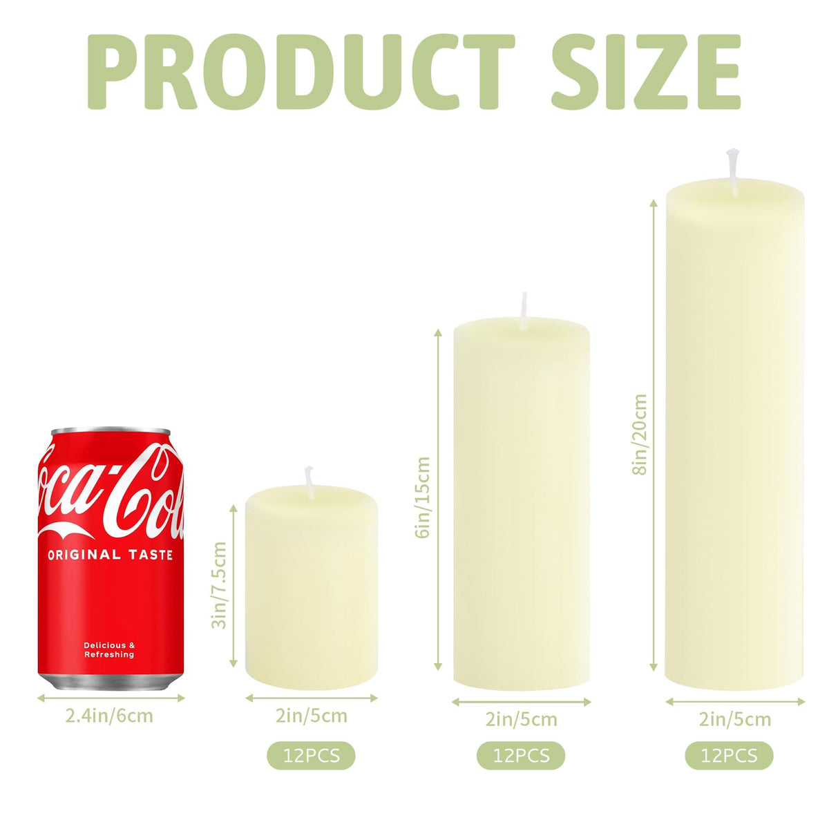 Veiuwa 36 Pack Ivory Pillar Candles Bulk Set, 2x3 2x6 2x8 Inch - 12 Each Size, Dripless Smokeless Clean Burning for Wedding Centerpieces, Home Decor, Church, Romantic Ambiance！