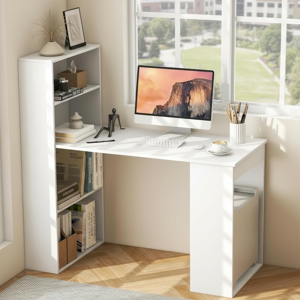 Tangkula White Computer Desk with Bookshelf, Writing Study Desk with Storage Shelves & CPU Stand, Modern Compact Computer Workstation for Home & Office, Space-Saving Design