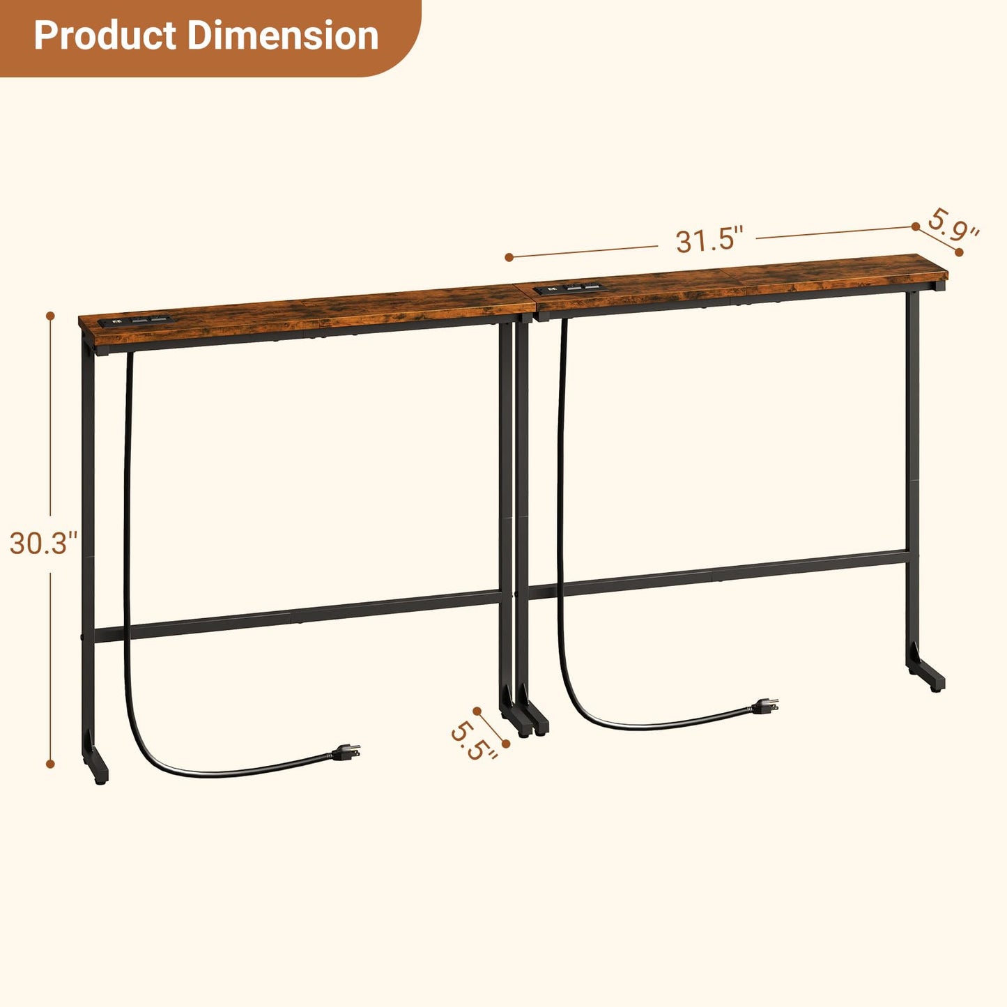 HavenlyYouth 63 Inch Narrow Console Table with 2 Power Outlets, Behind Couch Table with Charging Station, Small Space Sofa Behind Table for Living Room, Entryway, Hallway, Rustic Brown