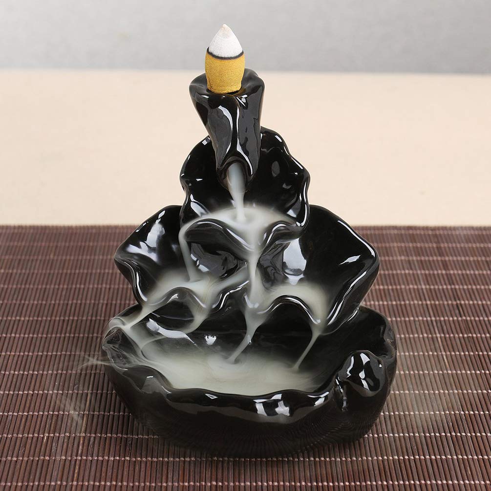Waterfall Incense Burner Backflow Ceramic Inscents Cone Stick Holder with 10 Cool Back Flow Cones Incent Set