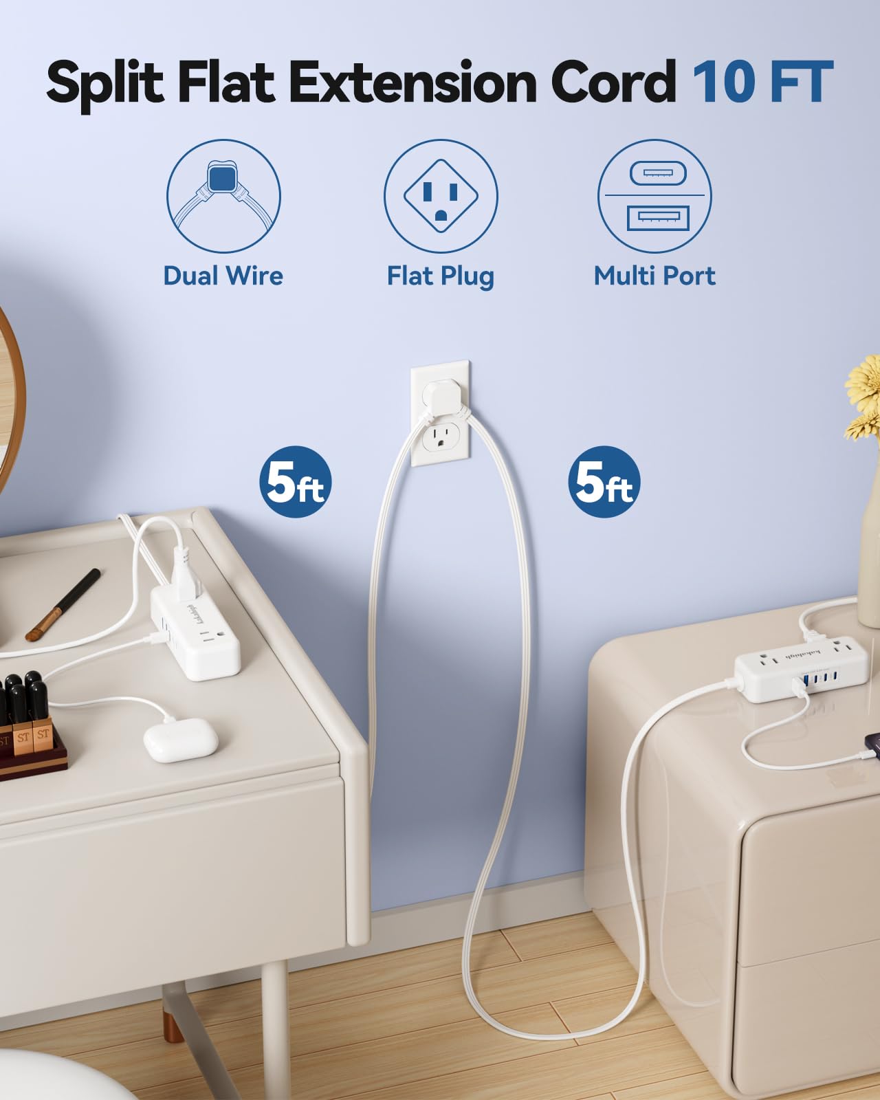 PD30W Split Extension Cord 10FT (5FT on Each Side), Single Flat Plug Twin Extension Cord with 4 AC Outlets, 2 USB-A & 3 USB-C, Nightstand Charging Station for Bedroom, His and Hers