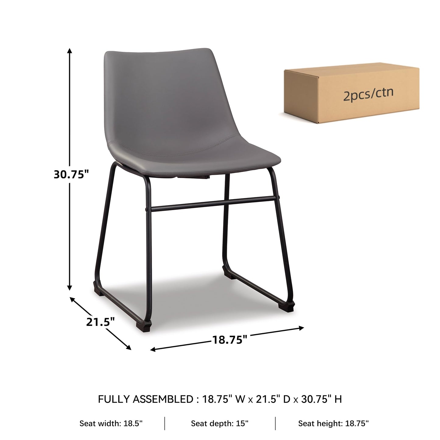 Signature Design by Ashley Centiar Casual Bucket Seat Dining Upholstered Side Chair with Black Metal Base, Set of 2, Faux Leather, 18.75" Seat Height, Gray