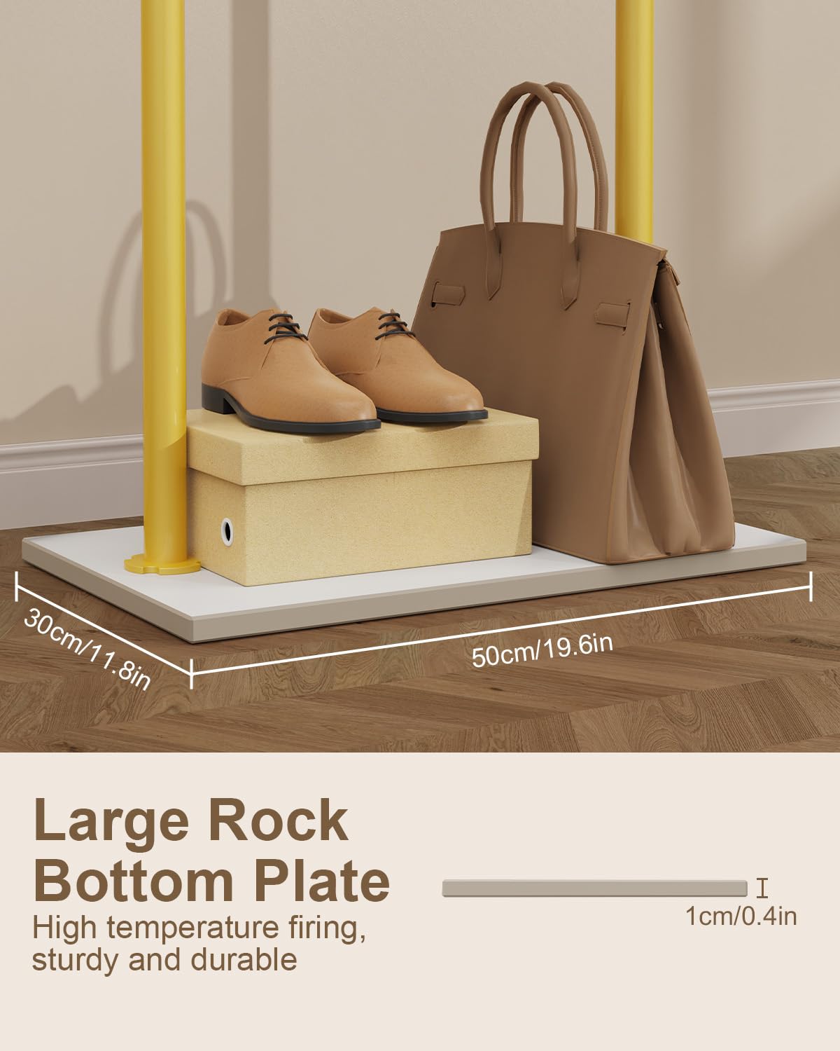 GUOHNHE Large Metal Coat Rack Freestanding, Modern Coat Hanger Stand with 2 Hooks and Heavy Rock Slab Base, Industrial Clothes Rack, Garment Rack, 19.7 x 11.8 x 68.9 In, Golden Yellow, GYJ202MWJ