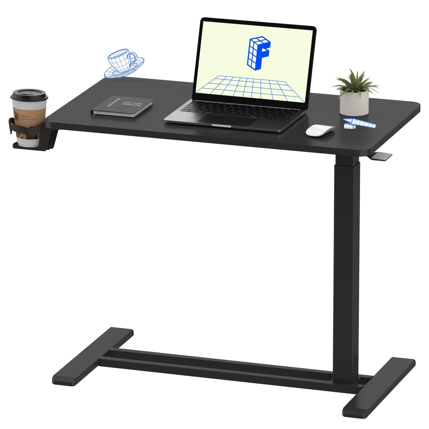 FLEXISPOT H7 Adjustable Overbed Bedside Table with Wheels Pneumatic Mobile Standing Desk Laptop Desk Rolling Computer Cart Movable Overbed Tables Hospital Home Use(27.6" W x 15.7" D, Black Table)