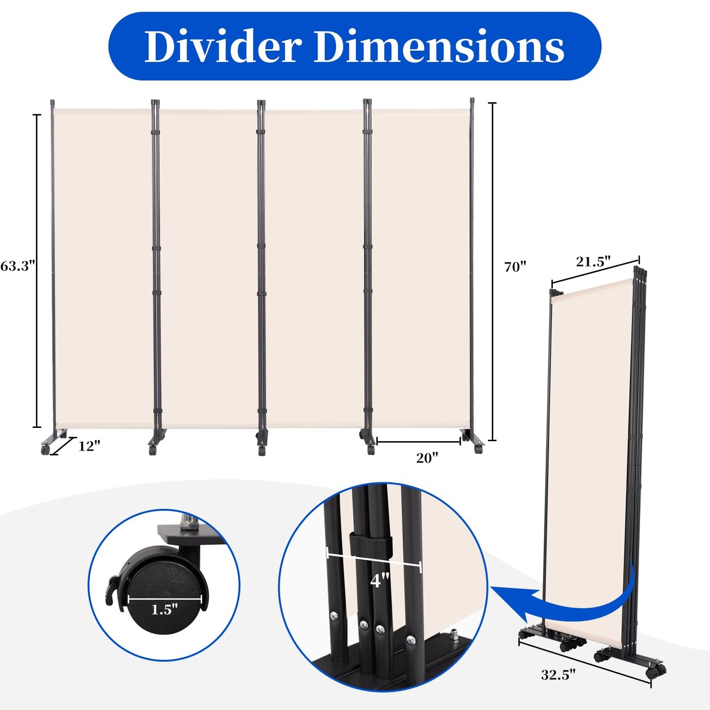 Room Divider 6FT Room Partition with Lockable Wheels, (Thicked Metal Base) Room Dividers, Freestanding Indoor Folding Privacy Screens, Portable Fabric Wall Divider for (Beige, 88"- 4 Panel)