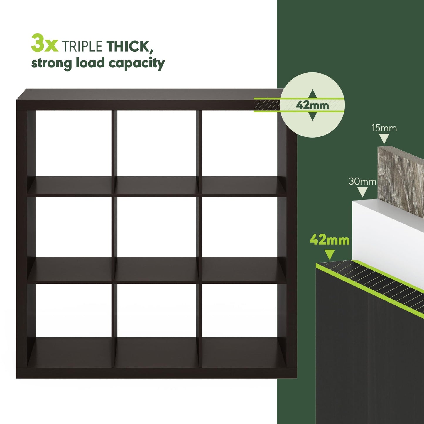 Furinno Cubicle Book Shelf, 9-Cube Bookshelf, Triple Thick Frame Cube Storage Organizer, 1.65" Bookcase, 15.4" x 43.8" x 43.4", for Home Office, Living Room, Black Oak