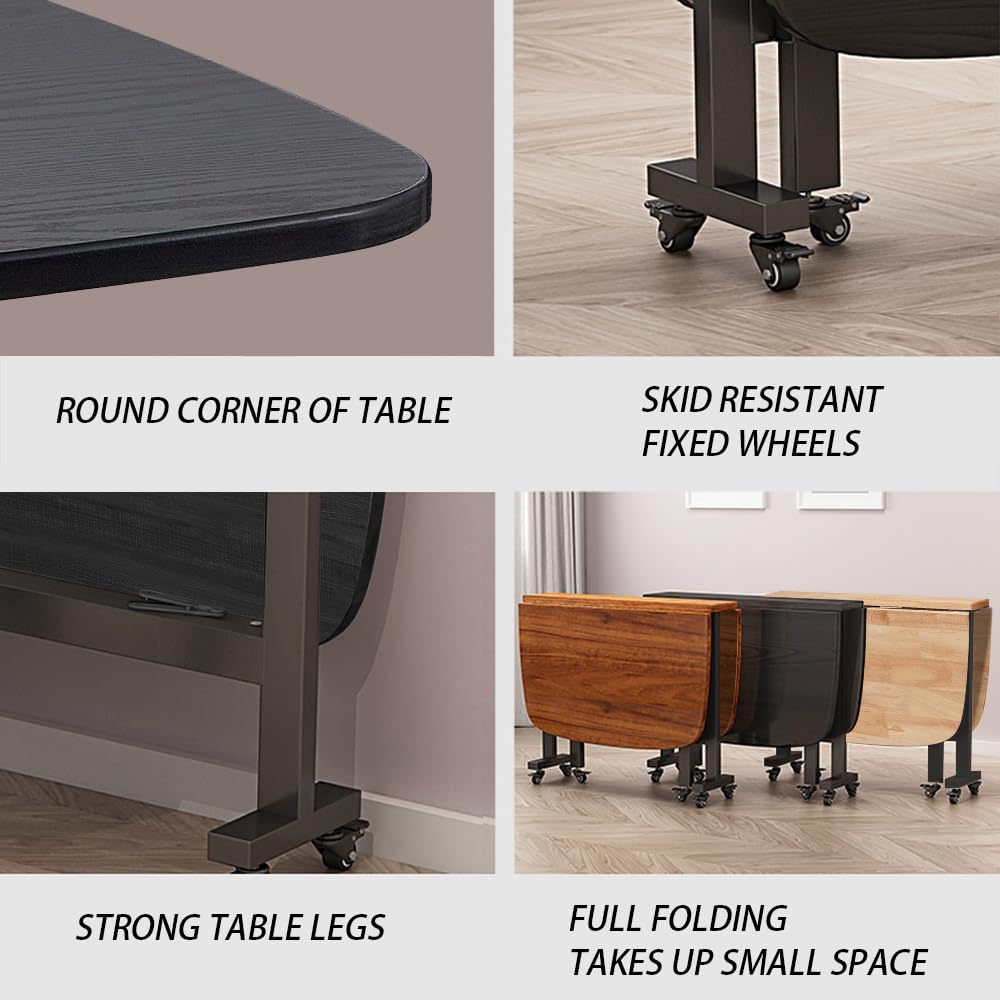 Rukulin Multifunction Table Drop Leaf Dining Table - 47" Wooden Foldable Kitchen Table with 6 Wheels (Black)