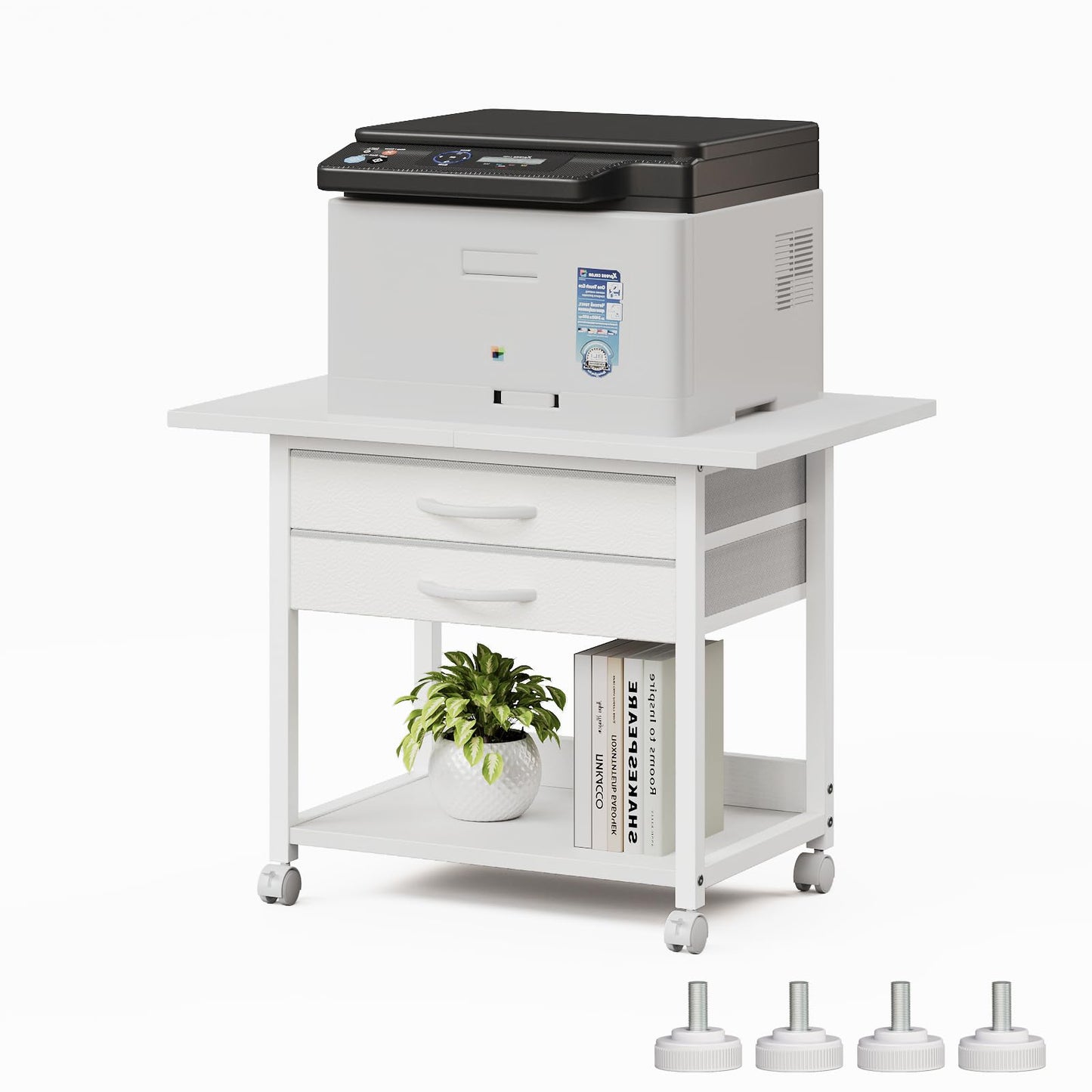 VENNQD Large Printer Stand with Storage Fabric Drawer Under Desk Printer Table with Wheels for Home Office, Printer Cart fit Fax Machine Scanner 23.4"x15.7" (White, 2 Tiers)