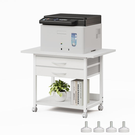 VENNQD Large Printer Stand with Storage Fabric Drawer Under Desk Printer Table with Wheels for Home Office, Printer Cart fit Fax Machine Scanner 23.4"x15.7" (White, 2 Tiers)