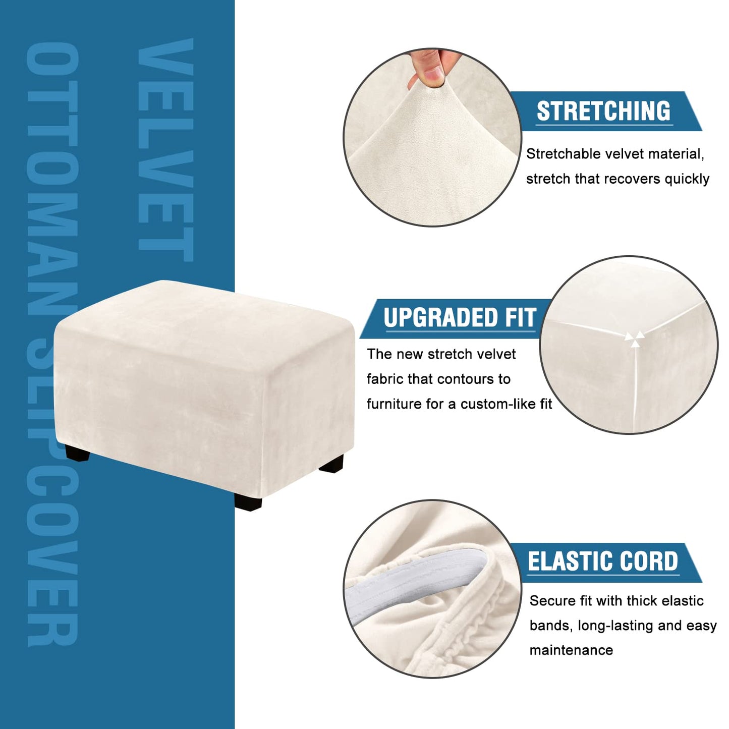 H.VERSAILTEX Ottoman Covers Slipcover Rectangle Real Velvet Plush 1 Piece Form Fit Stretch Folding Storage Covers Ottoman Slipcovers Removable Footrest Covers Elastic Bottom Washable(Large, Ivory)