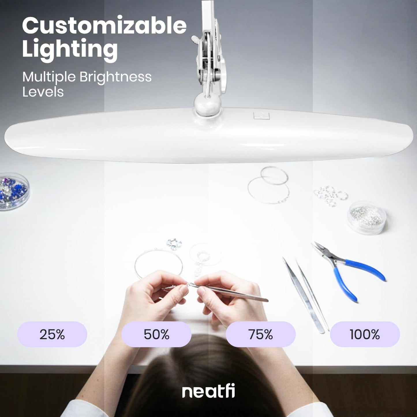 Neatfi XL 2200 Lumens 24W LED Desk Lamp – Shadow-Free Task Lighting | 4-Level Dimming | Home Office & Crafts Use | 20-Inch Wide Head (Gray Wood, Non-CCT with Clamp)