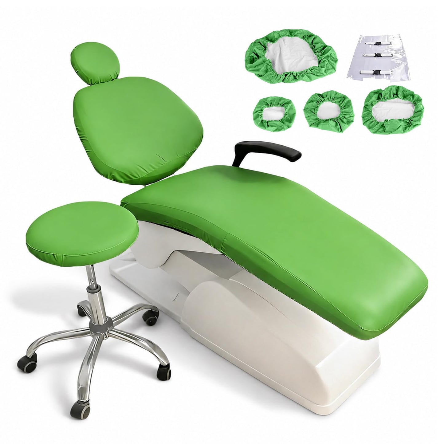 buyzg 5Pcs Dental Chair Covers Set - Waterproof & Non-Slip PU Leather Elastic Full Covers with Foot, Seat, Headrest & Backrest Protectors for Dental Clinic Chairs(Green)