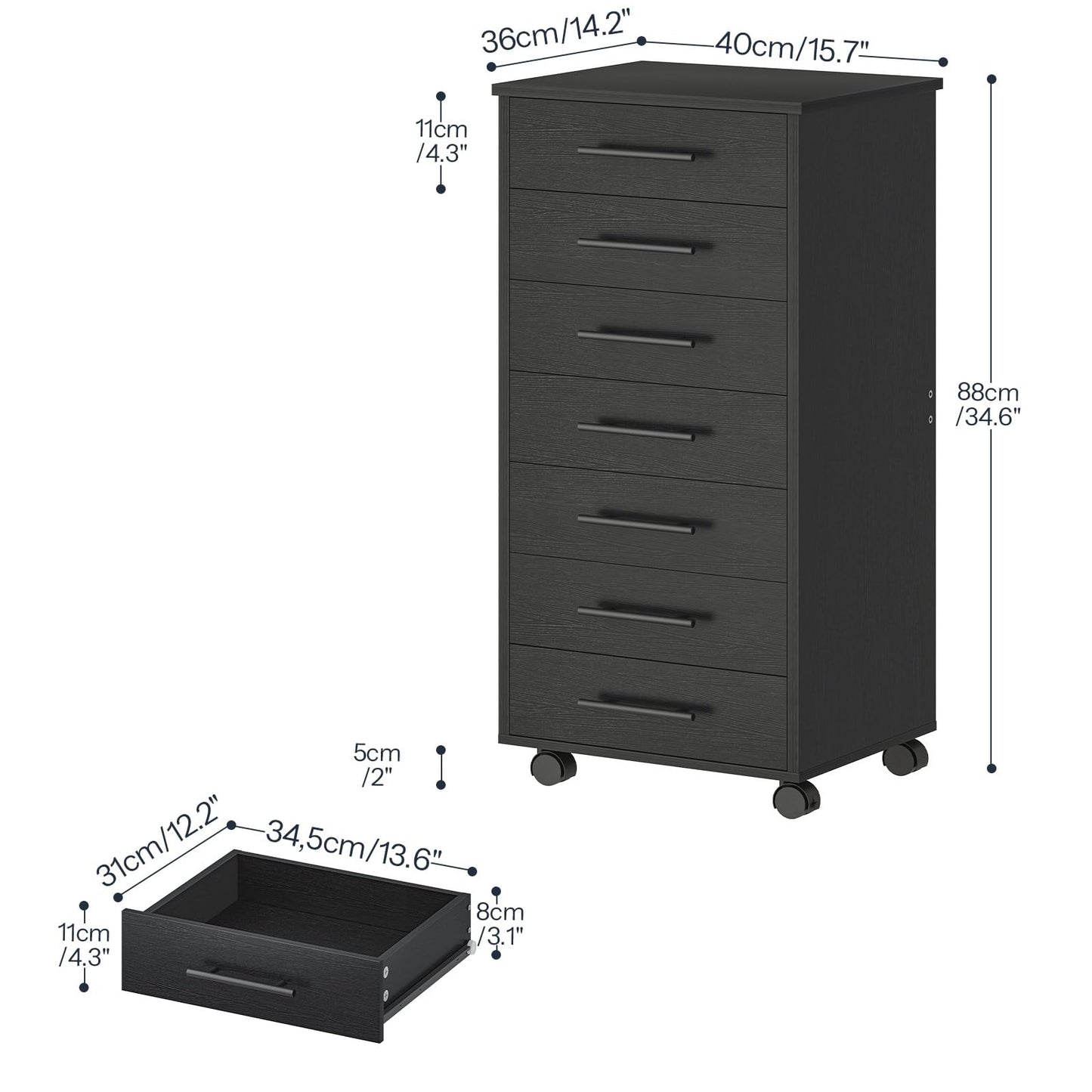 HOOBRO 7-Drawer File Cabinet, Wooden Office Cabinet with Drawers, Mobile Storage Cabinet, for Home Office, Study, Easy Assembly, Black BK07WJ01