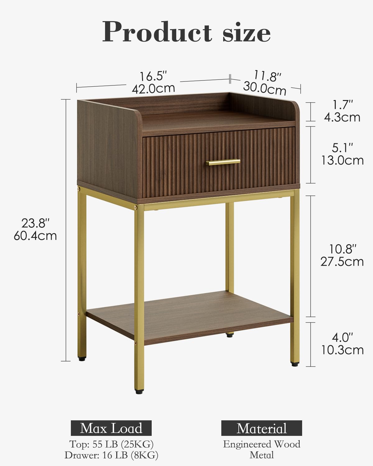 Apetaccat Nightstand, 3-Tier Bed Side Table, Small End Table, Night Stand with Open Shelf and Drawer, Bedside Table for Bedroom, Living Room, Walnut
