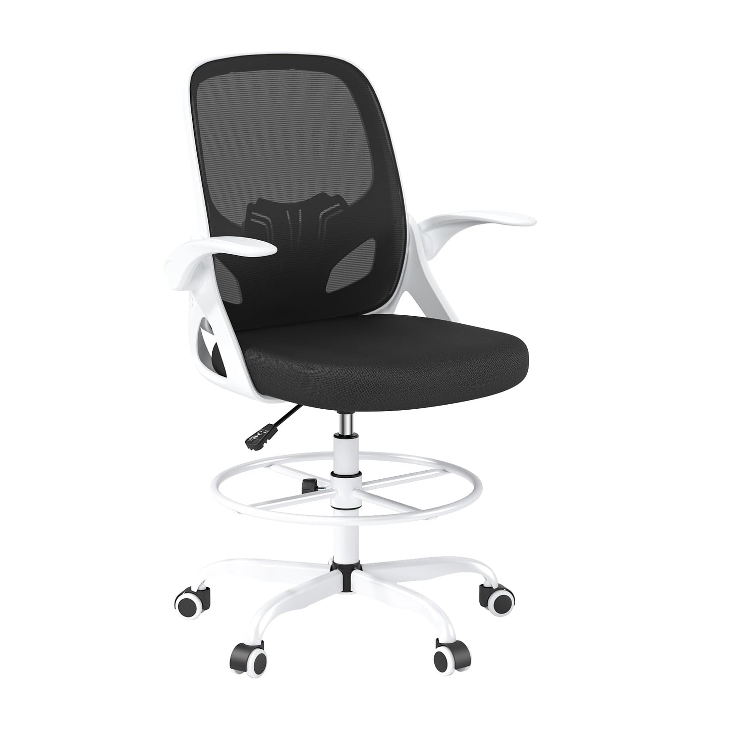 Kensaker Drafting Chair Tall Office Chair, Ergonomic Standing Desk Chair with Adjustable Foot Ring and Flip-up Armrests, Mesh Computer Chair for Art Studio, 300 LBS, White