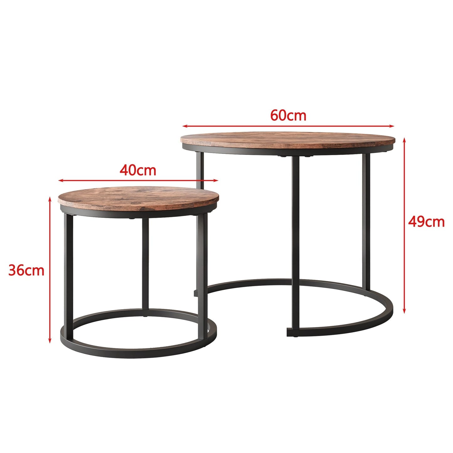 HOJINLINERO Small Round Nesting Coffee Table Set of 2 with Metal Frame and Wood Top, Modern Stacking Side Table for Living Room, Bedroom, Office, Brown