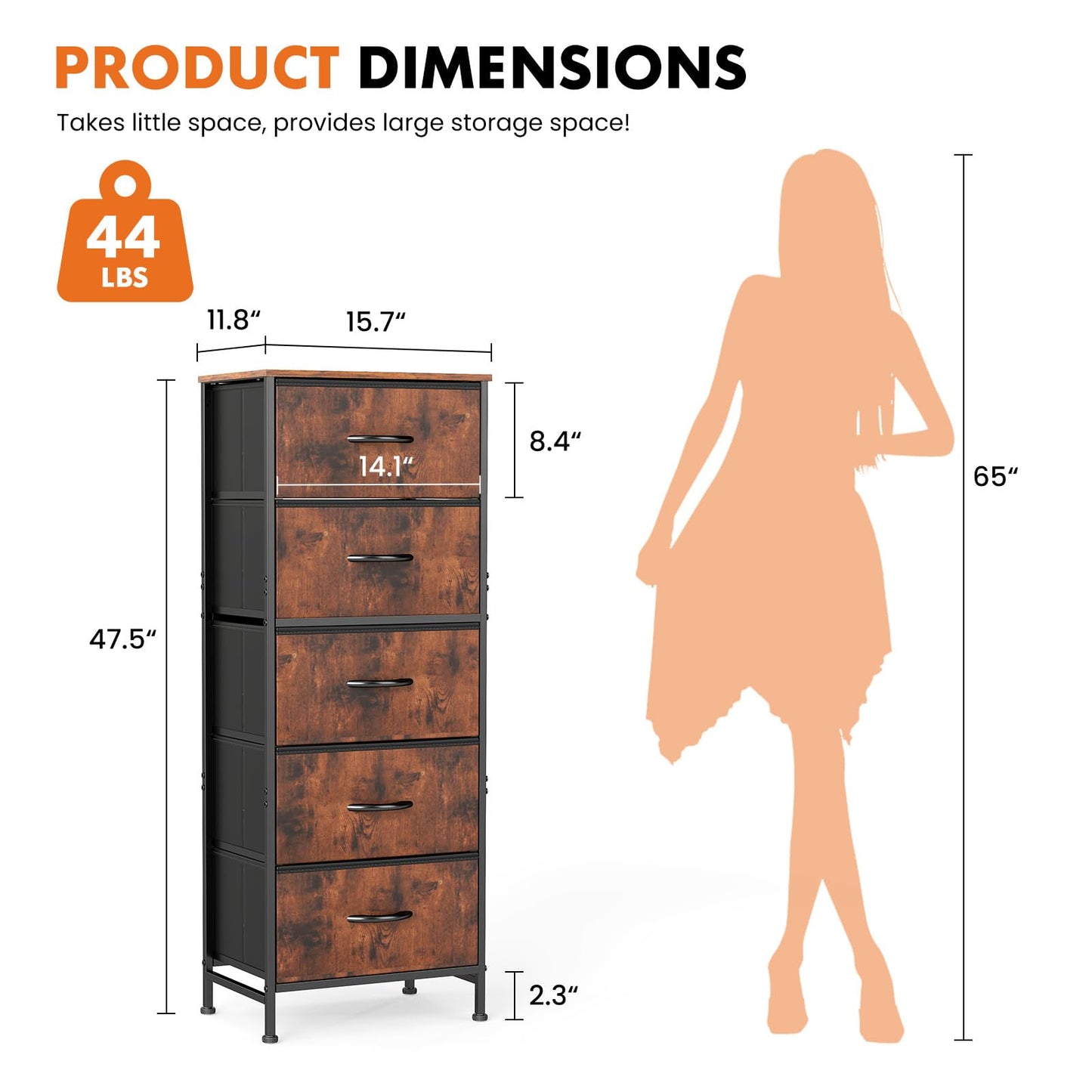 Sweetcrispy 5 Drawer Dresser with Fabric Bins Steel Frame Wood top Storage Chest for Bedroom Closet Hallway Brown Compact Organizer Durable Home Storage Solution