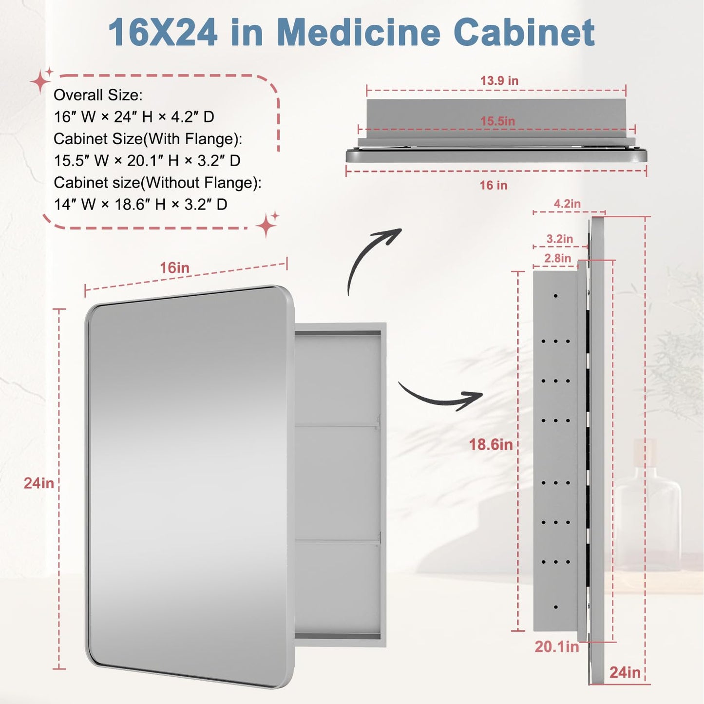 Venlus Silver Medicine Cabinet with Mirror, 16x24 Fully Assembled Recessed or Surface Mount Bathroom Medicine Cabinet, Metal Mirrored Cabinet with Adjustable Storage Shelves