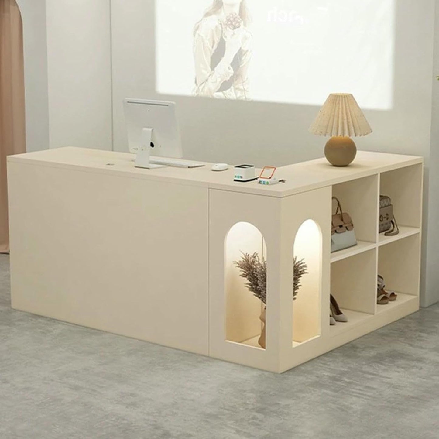 L-Shap Reception Counter, Front Modern Retail Checkout, Reception Counter Desk with Lockable Drawers, for Clothing Store, Company Retail Counter, Coffee Shop