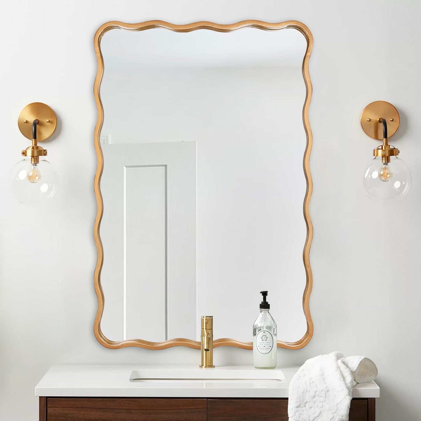 20 * 30 Inch Gold Ripple Rectangle Bathroom Mirror Wall Mounted Large Modern Countryside Suitable for Washroom, Bedroom, Living Room, Entryway