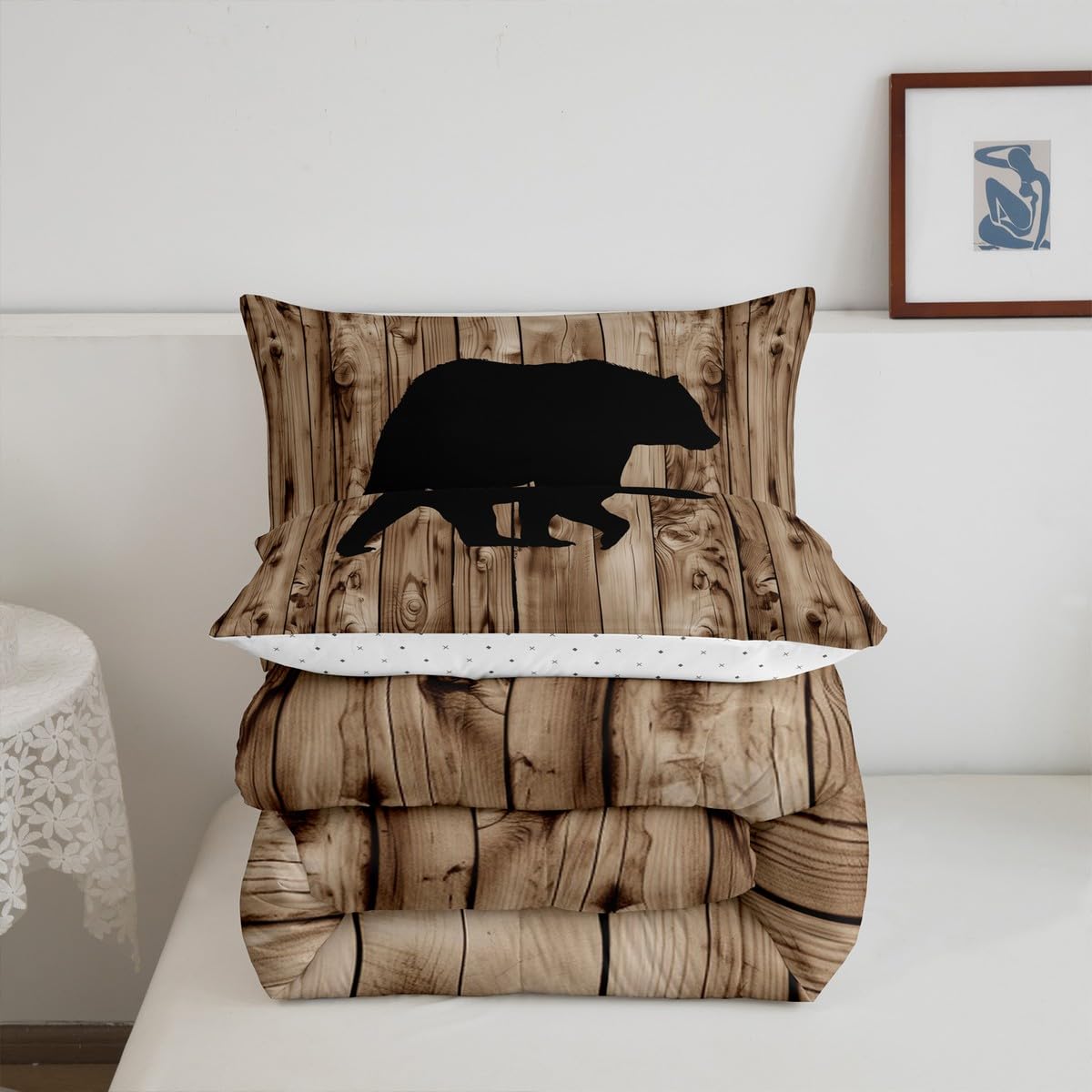 Castle Fairy Bear Comforter Set Twin Size,Rustic Farmhouse Style Bedding Set 2Pcs,Hunting Wild Animal Quilt Set for Kids Boys Men Adult Room Decor,Brown Wooden Board Print Duvet Insert,1 Pillowcase