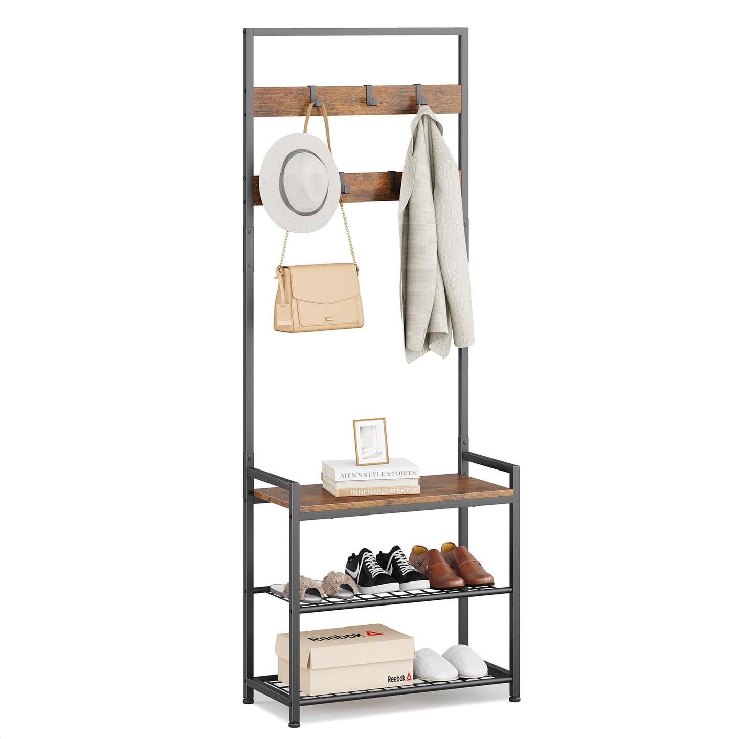 Hall Tree with Shoe Storage Bench - Entryway Bench with Coat Rack and Hooks - 3-in-1 Small Hall Tree for Entry Way, Entrance, Hallway, Doorway, Front Door, Mudroom, Small Space - Rustic Brown