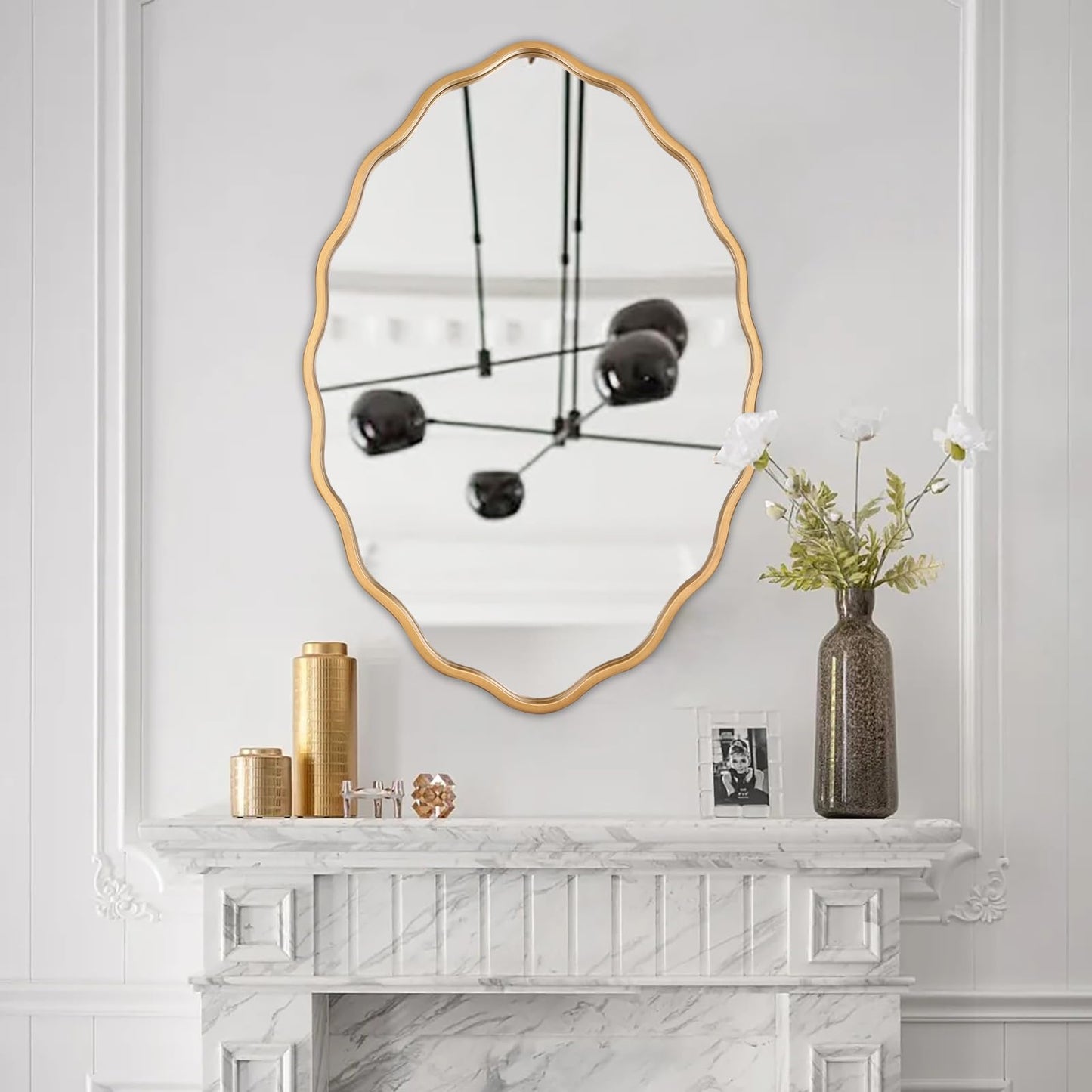 Varsoul 20 * 30 Inch Brushed Gold Oval Ripple Bathroom Mirror Wall Mounted Large Modern Countryside Suitable for Washroom, Bedroom, Living Room, Entryway
