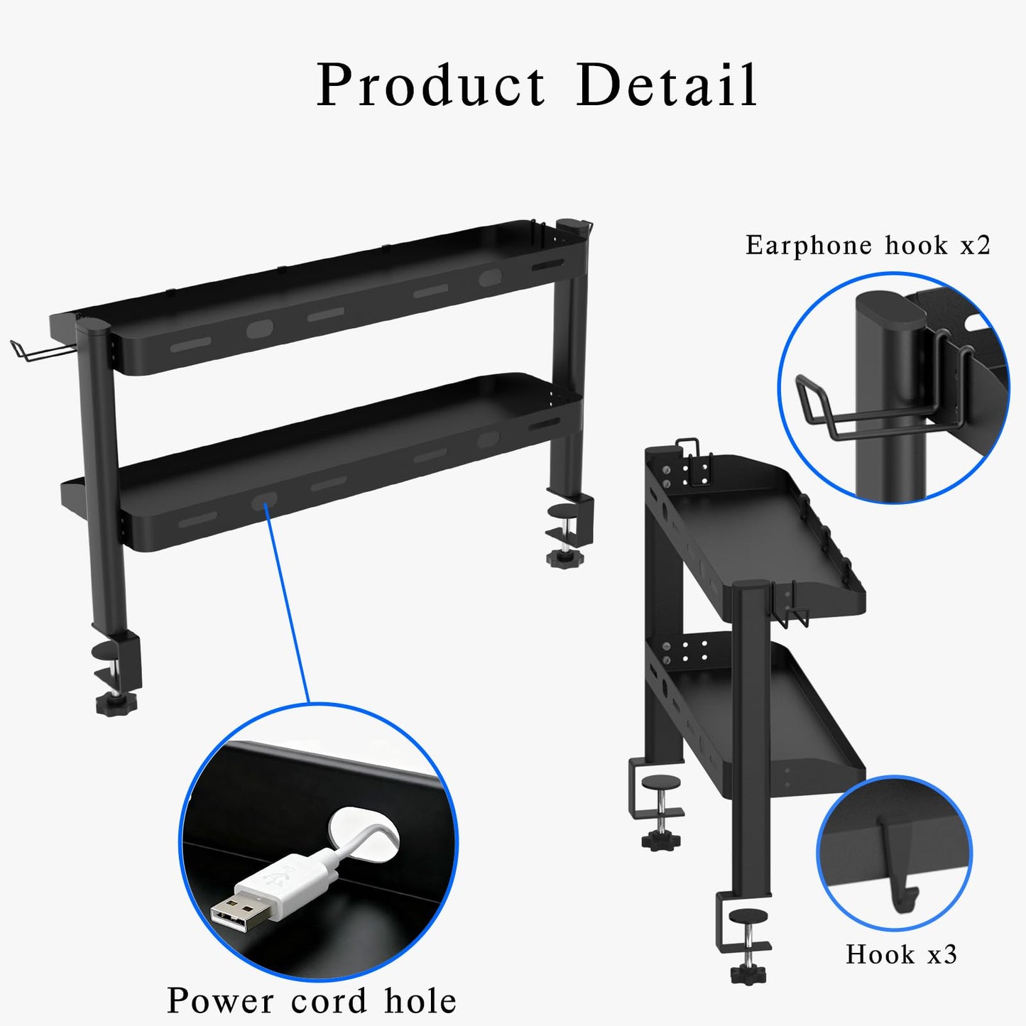 DEARPER Clamp on Desk Shelf, 24in 2-Tier Office Desk Shelves Organizer, Shelf for Top of Desk with Headphone Holder and Hooks, Desktop Storage Rack for Home Workspace, Study Rooms, Gaming Accessories