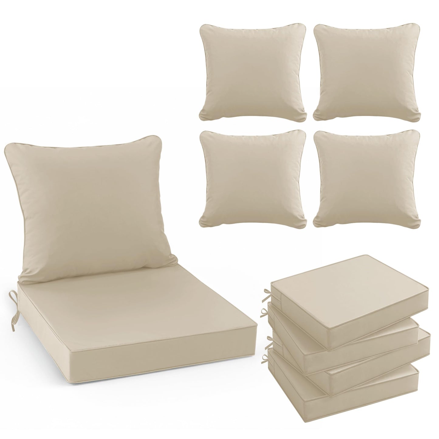 Summsun Outdoor Chair Cushions Set of 4, Waterproof Backrest and Deep Seat Cushion Set for Patio Furniture, Outdoor Sofa Replacement Cushions with Removable Cover, 24 x 24 Inch, Cream