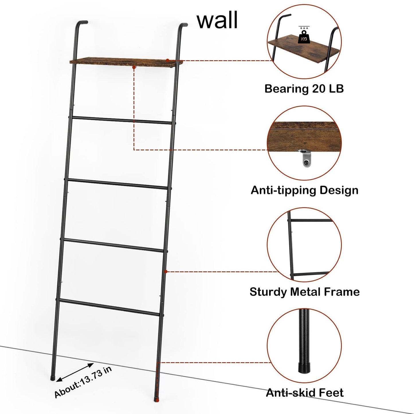 Blanket Ladder Holder for Living Room Farmhouse Decorative Ladder Holder with Storage Shelf, Wall Leaning Quilt Towel Rack for Bathroom, Bedroom, Rustic Home Decor, Black