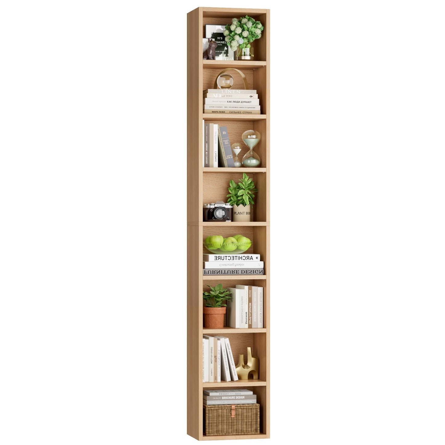 FOTOSOK 8-Tier Media Tower Rack, 11.6 X 9.3 X 71 Inches CD DVD Slim Storage Cabinet with Adjustable Shelves, Tall Narrow Bookcase Display Bookshelf for Home Office, Natural