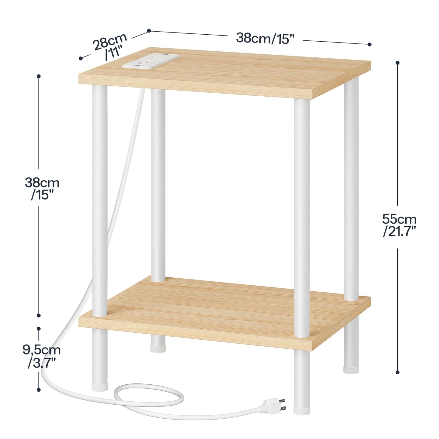 HOOBRO Side Table with Charging Station, End Table with USB Port and Outlet, Nightstand with 2-Layer Storage Shelves for Small Spaces, Living Room, Bedroom, Stable Frame, Natural and White WN09UBZ01