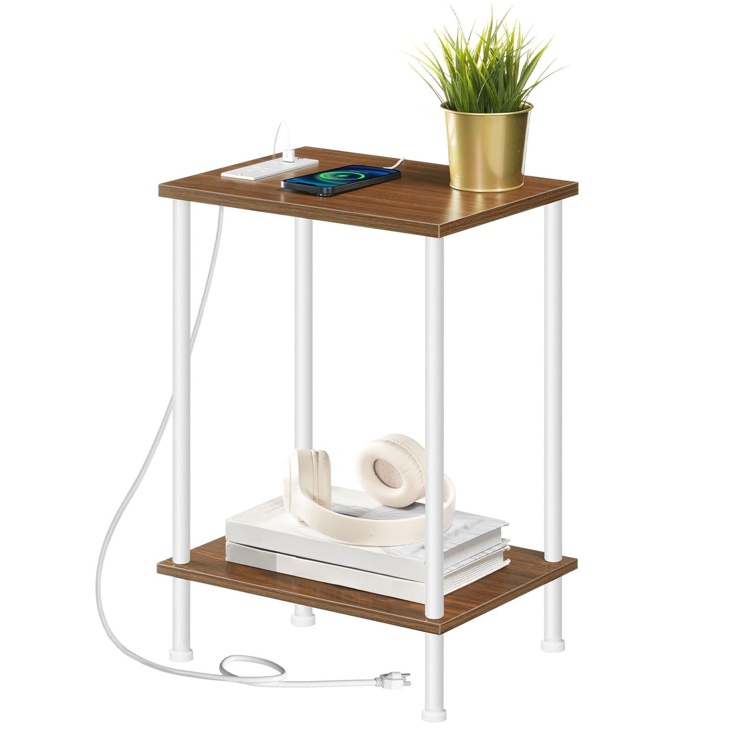 HOOBRO Side Table with Charging Station, End Table with USB Port and Outlets, Nightstand with 2-Layer Storage Shelves for Small Spaces, Living Room, Bedroom, Walnut and White WH09UBZ01