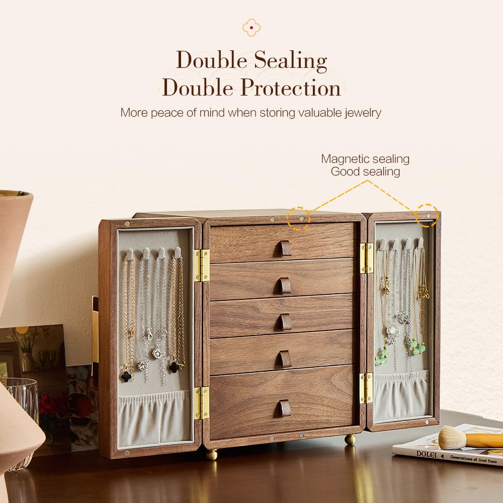 Double Door Jewelry Box - Black Walnut Wood, Velvet Lining, Gold Handle, Magnetic Closure, Handmade Storage for Birthday, Wedding| 5-Layer