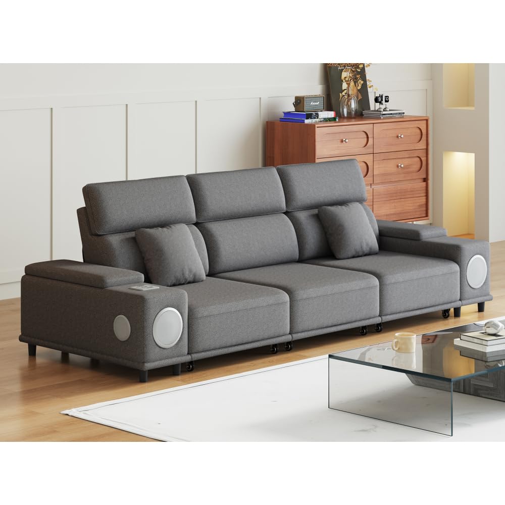 3-Seater Power Recliner Sofa with Remote Control, Bluetooth Speakers & Wireless Charging, Electric Reclining Sectional Couch with 2 Storage Boxes, USB Ports, for Living Room