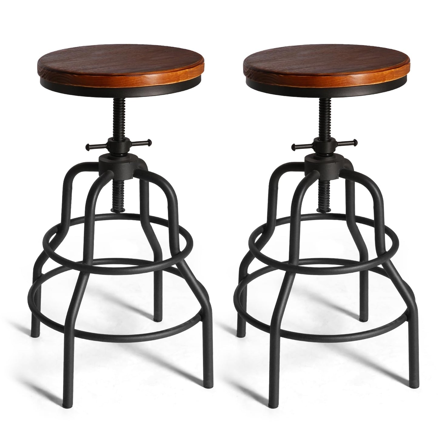 LOKKHAN Vintage Industrial Barstools - 13.8" Dia Round Wooden Brown Seat - Black Metal Base - Adjustable Height: 23.6"-29.5" / Minimalist Design/Raw Rustic Look/Rotating Top Bar Chairs, Set of 2